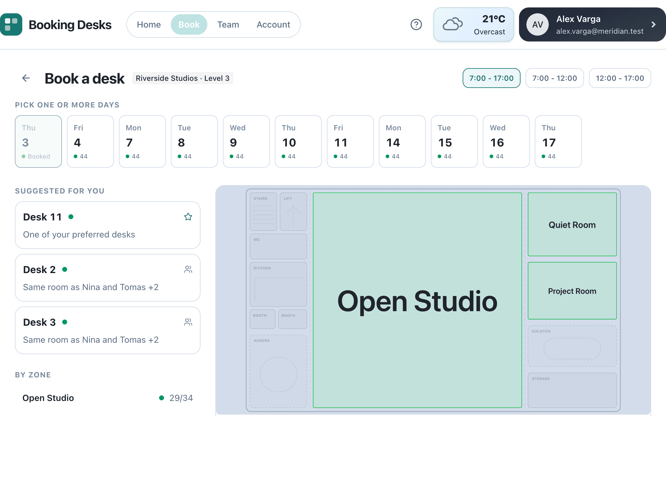 Booking screen with a floor plan, date strip and suggested desks