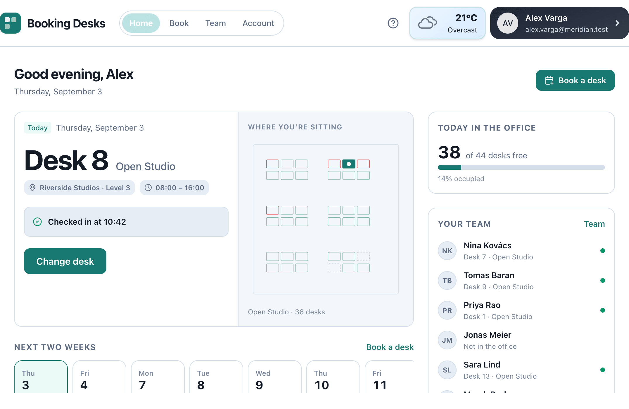 Booking Desks dashboard showing today's desk, a room map and two weeks of availability